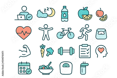A set of editable icons called Healthy Lifestyle Line features vector illustrations of modern thin line style icons representing components of a healthy lifestyle, including work and rest modes
