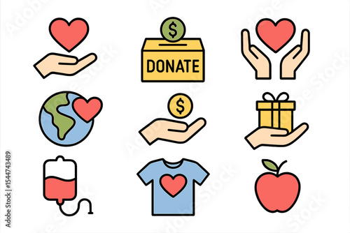 Icons representing charity and donation are depicted on a transparent background with editable lines