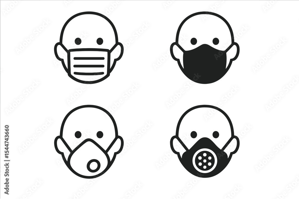 Obraz premium A set of face, nose, and mouth virus mask icons is available, featuring simple black and white masks and respirator drawings for use during the coronavirus covid-19 virus outbreak prevention