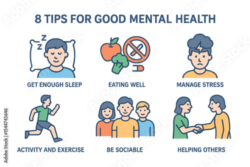 To achieve good mental health, consider eight key tips, including getting enough sleep and eating a healthy diet, as well as avoiding harmful substances like alcohol, smoking, and drugs, and
