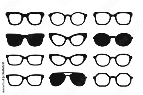 A collection of vector illustrations featuring various glasses frames, sunglasses silhouettes, and fashion eyeglasses icons in different shapes