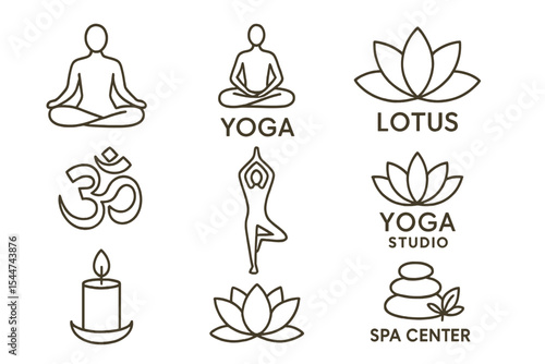 A set of yoga icons and logos in outline style is available for use in graphic design for spas, fitness centers, or yoga studios, featuring a variety of line icons and symbols in vector illustration