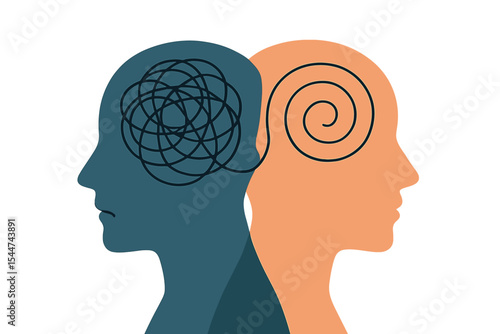 The concept of bipolar disorder is represented by a metaphor of a mind with dual personalities, symbolized by a double face and a split personality, highlighting the complexities of mood disorders