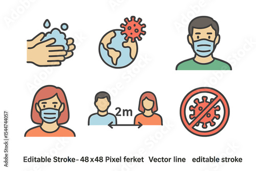A collection of vector line icons related to COVID-19 safety is available, featuring symbols like handwashing, outbreak maps, and individuals wearing face masks, all editable and perfectly sized at
