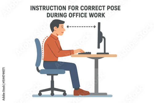 Illustration of proper office posture in a flat vector style, depicting a cartoon worker with correct sitting position at a desk and focusing on a computer screen for a healthy back, highlighting