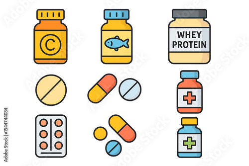 An icon set for vitamins and dietary supplements is available, featuring symbols for vitamin c, fish oil, whey protein, tablets, pills, medication, and medicine among others