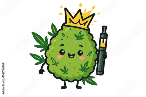 A cartoon illustration of a happy marijuana bud with a cannabis vape, presented in a flat vector style, features a graffiti crown and is set against a white background, symbolizing both recreational