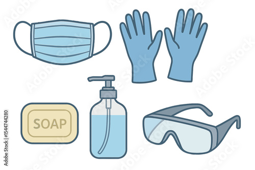 The necessary items include a medical mask, latex gloves, soap, a dispenser, and protective glasses