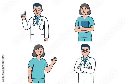 A collection of medical personnel characters, including doctors and nurses, in different poses