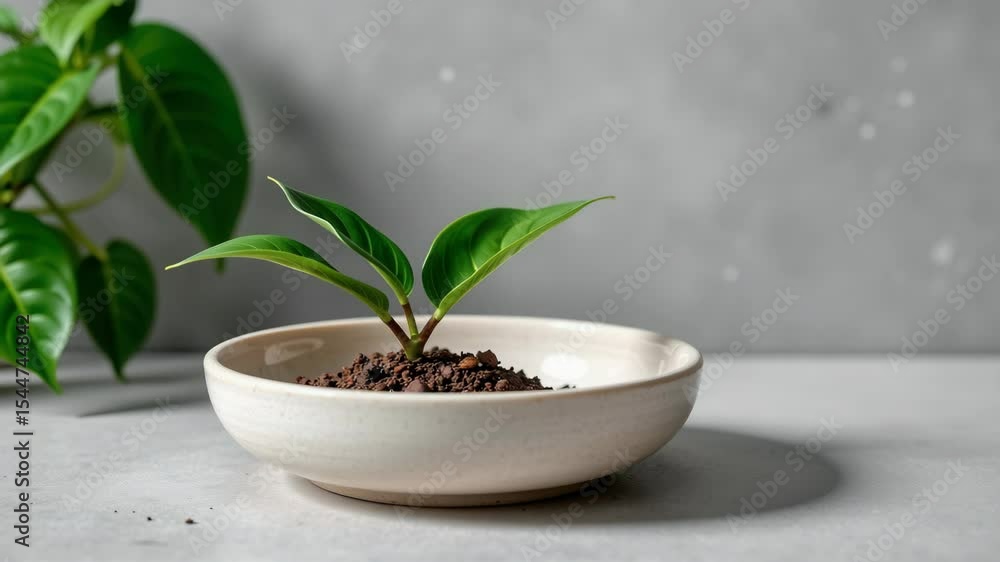 A small green plant seedling grows in a shallow ceramic bowl filled with soil on a minimalistic surface. A small green plant seedling grows in a shallow ceramic bowl filled with soil on a minimalistic surface.