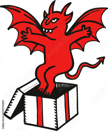 A red cartoon devil with wings and horns popping out from an open white gift box with red ribbons, for surprise and mischief concept.