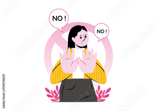 Flat Woman saying no with hands up in front of prohibition sign