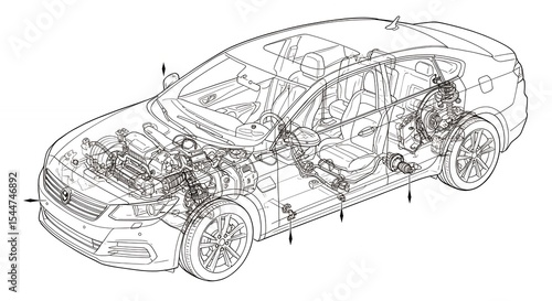 Car Blueprint Diagram with Engine and Interior Details