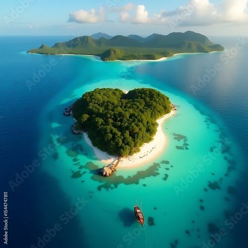 Fototapeta Naklejka Na Ścianę i Meble -  Heart-Shaped Island Paradise with Traditional Sailing Vessel