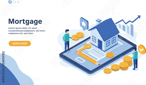 Isometric mortgage illustration with house, contract, key, and money on smartphone, home loan, financial planning, online real estate concept.