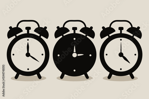 Vector Illustration of Three Classic Alarm Clocks with Different Times on Beige Background
