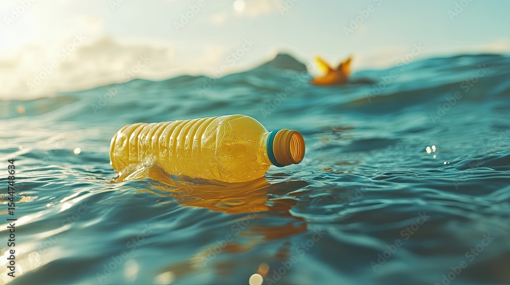 Obraz premium Plastic bottle floating on ocean surface, illustrating pollution in marine environment, vibrant waves and sunlight reflecting, highlighting environmental issues