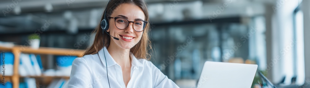 A smiling woman wearing glasses and a headset works on a laptop in a modern office with bookshelves in the background. A smiling woman wearing glasses and a headset works on a laptop in a modern office with bookshelves in the background.