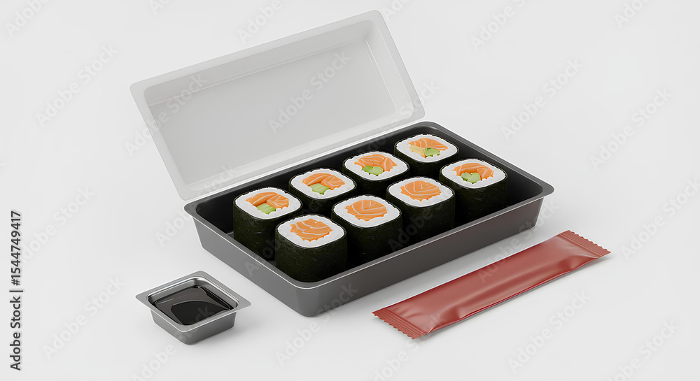 Blank chopstick wrapper in sushi takeaway box isolated, 3d rendering, Isolated Japanese food branding, restaurant mockup, template. Blank chopstick wrapper in sushi takeaway box isolated, 3d rendering, Isolated Japanese food branding, restaurant mockup, template.