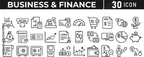 Set of 30 outline icons related to business and finance, line icon bundle