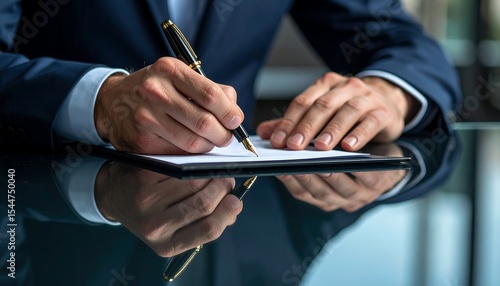 Close-up of businessman's hands signing document with gold fountain pen