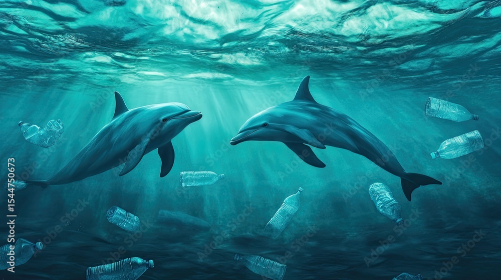 Fototapeta premium Dolphins swimming gracefully in a vibrant underwater scene filled with plastic waste highlighting ocean pollution and environmental issues