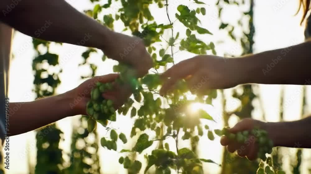 Hands gently tending green vines at sunset in lush garden Hands gently tending green vines at sunset in lush garden