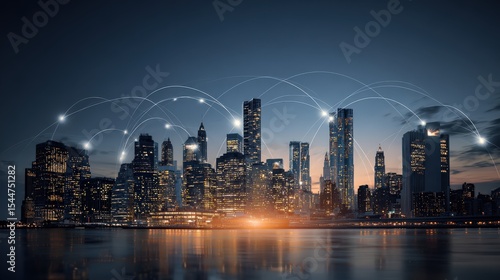 Fototapeta Naklejka Na Ścianę i Meble -  A city skyline at night with illuminated buildings connected by glowing digital network lines, symbolizing modern urban connectivity and smart technology.