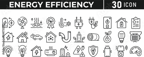 Set of 30 outline icons related to energy efficiency, line icon bundle