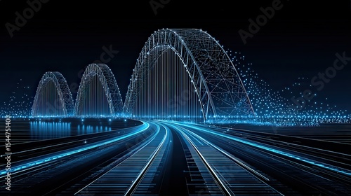 Digital illustration of a futuristic bridge with glowing blue lines and dots, representing advanced technology and connectivity in a sleek, cyber-inspired design.