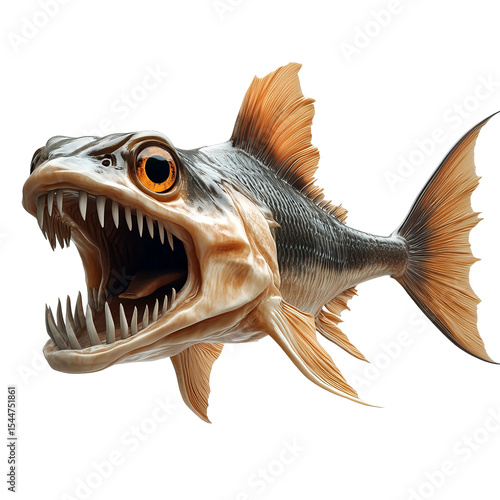 Prehistoric Fish: A fierce, prehistoric-looking fish with sharp teeth and an open mouth, digitally rendered against a white background. 