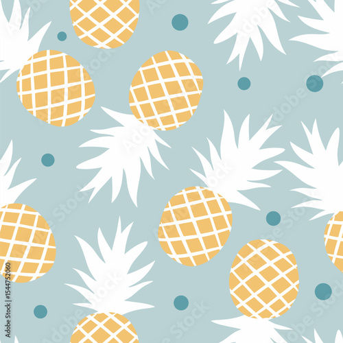 pineapple pattern on blue background with polka dots seamless pattern for fabric, textiles, clothing, wallpaper, cover, banner, home decor, florals backgrounds