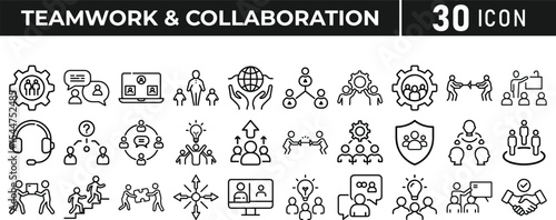  Set of 30 outline icons related to teamwork and collaboration, line icon bundle