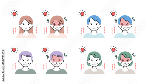 熱中症 男女 年配 お年寄り 夏 イラスト素材セット ベクター