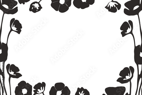 Black poppy flower border vector illustration with silhouette floral frame on white background, place for a text