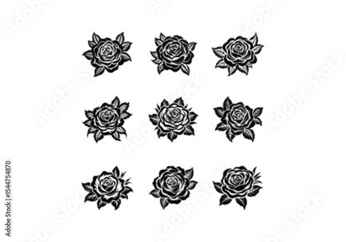 Nine vector rose flower illustrations set. Vintage woodcut engraving style black and white floral design elements.