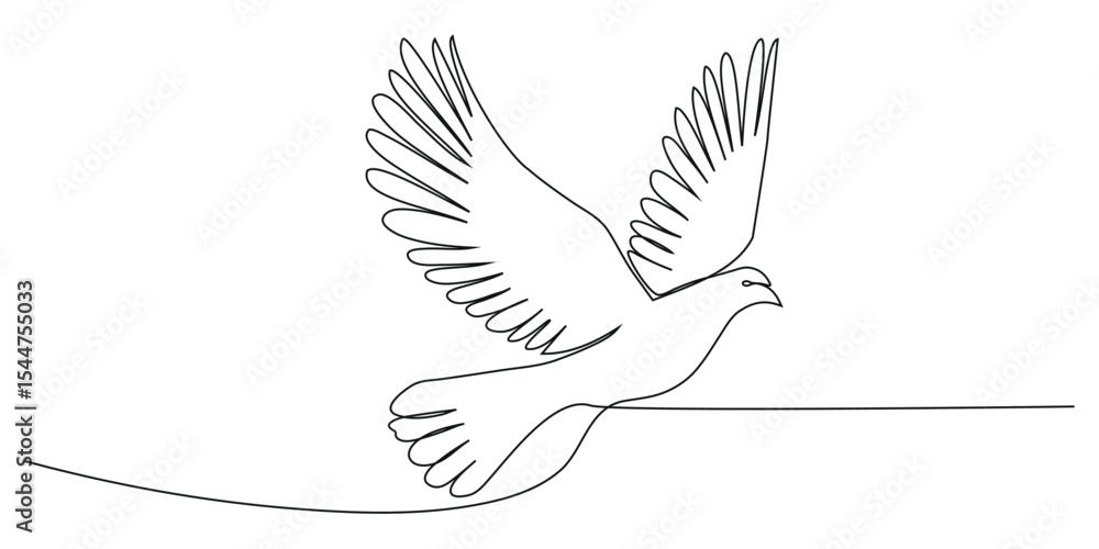 Fototapeta premium Flying Dove in clouds. One continuous line. Pigeon bird symbol of peace and Freedom, Pentecost. Simple linear drawing.