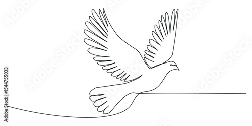 Flying Dove in clouds. One continuous line. Pigeon bird symbol of peace and Freedom, Pentecost. Simple linear drawing.