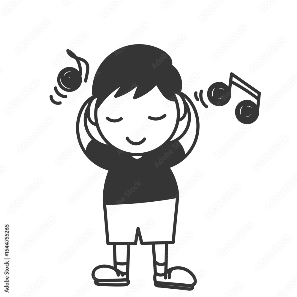 kid hearing music with headset in doodle cartoon kid hearing music with headset in doodle cartoon