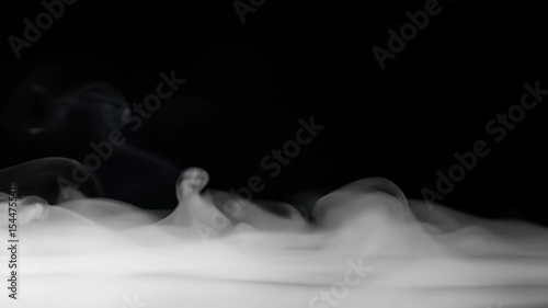 Dynamic white smoke abstractly drifts and swirls creating a mystical effect on a stark black background, highlighting its flowing texture and mysterious density with no people present.