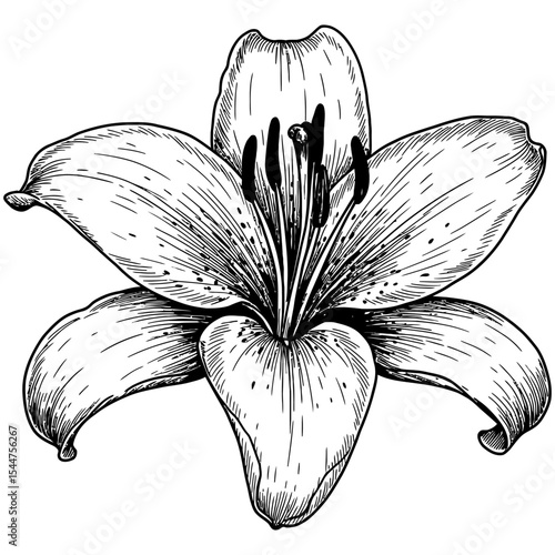Detailed black and white hand-drawn illustration of a blooming lily flower with fine lines and intricate petal textures, ideal for botanical designs and vintage floral art.
