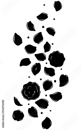 Hand-drawn black and white illustration of scattered falling flower petals with sketchy textures and ink shading, arranged in a cascading vertical layout.