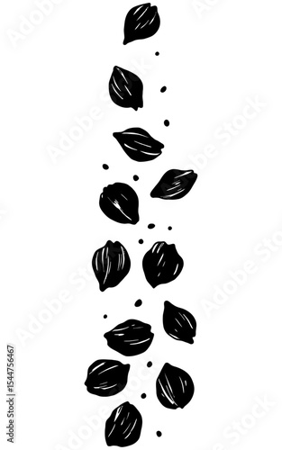 Hand-drawn black and white illustration of scattered falling flower petals with sketchy textures and ink shading, arranged in a cascading vertical layout.
