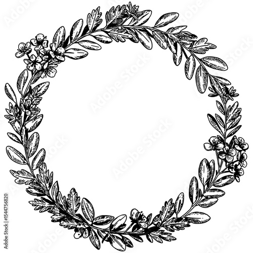 Hand-drawn floral wreath vector in black and white with leaves and small blossoms forming a circular frame, perfect for invitations, cards, and decorative designs.