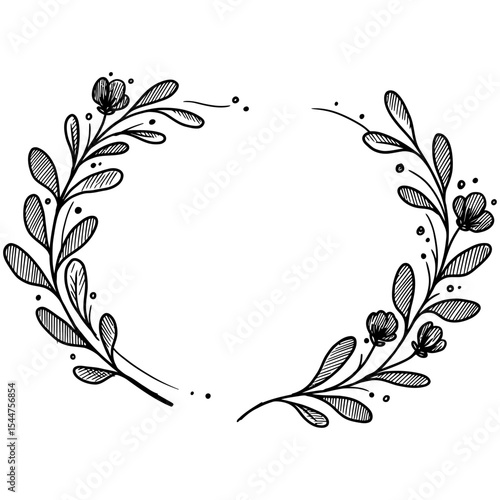 Hand-drawn floral wreath vector in black and white with leaves and small blossoms forming a circular frame, perfect for invitations, cards, and decorative designs.