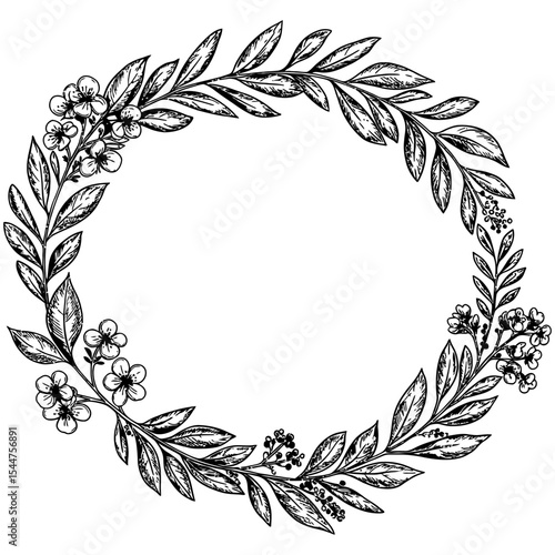 Hand-drawn floral wreath vector in black and white with leaves and small blossoms forming a circular frame, perfect for invitations, cards, and decorative designs.