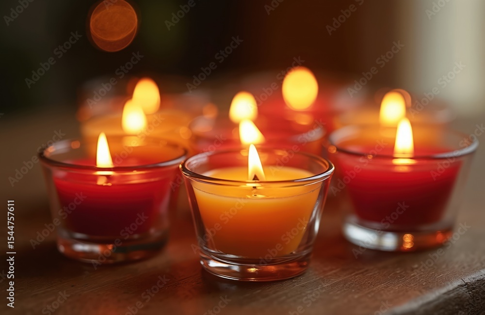 Close-up of burning candles in glass holders. Candles emit warm light, create cozy mood. Ideal for meditation, relaxation, home decor, aromatherapy, spa, celebration, romantic dinner. Perfect for Close-up of burning candles in glass holders. Candles emit warm light, create cozy mood. Ideal for meditation, relaxation, home decor, aromatherapy, spa, celebration, romantic dinner. Perfect for