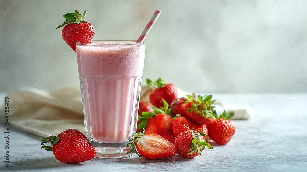 Glass of fresh strawberry milkshake, smoothie and fresh strawberries on light background. Glass of fresh strawberry milkshake, smoothie and fresh strawberries on light background.