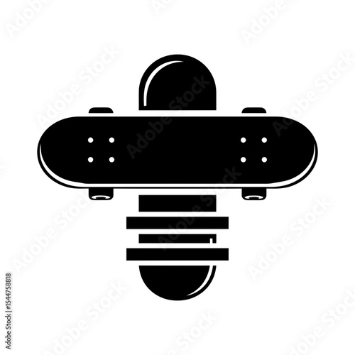 A stylized black and white graphic of a skateboard hovering above stacked horizontal lines, with rounded shapes above and below.