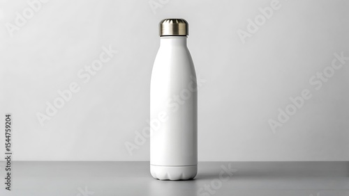 Blank white insulated water bottle mockup on gray surface